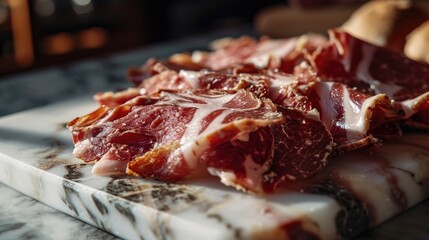 A slab of meat with a white background. The meat is sliced and arranged on a marble counter