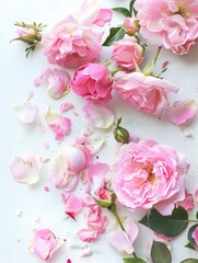 A close up of pink flowers with some petals missing. The flowers are scattered across the image, with some in the foreground and others in the background. Scene is one of beauty and fragility