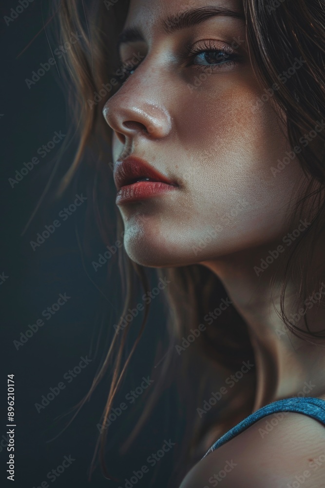 Poster A woman with long brown hair and a red lipstick. She is looking at the camera. The image has a moody and dramatic feel to it