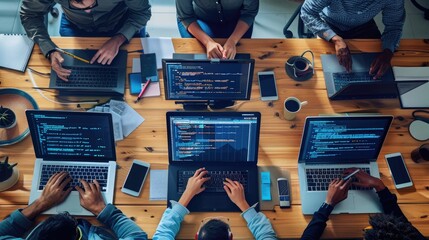 A software development team collaborating on code and algorithms, utilizing version control systems and integrated development environments.