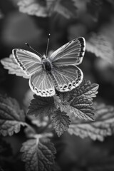 A butterfly is perched on a leaf. The image is in black and white, giving it a timeless and classic feel. The butterfly's delicate wings and the leaf's intricate veins create a sense of harmony