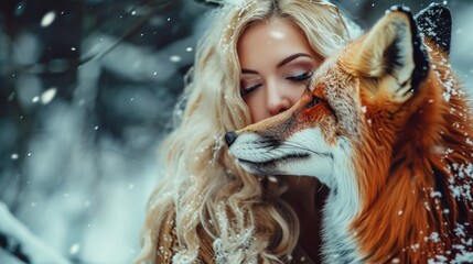 A woman is hugging a fox in the snow. The fox is covered in snow and has a friendly expression. Concept of warmth and companionship between the woman and the fox, despite the cold