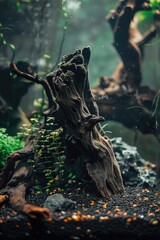 Obraz premium A small tree stump sits in a black gravel area. The stump is surrounded by green plants and rocks. The scene is peaceful and serene, with the natural elements creating a calming atmosphere
