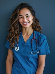 A woman in a blue scrubs is smiling and holding a stethoscope. She is a nurse or a doctor