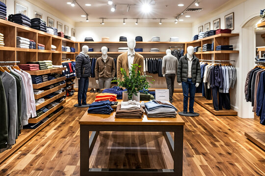 Interior of upscale men's clothing boutique with wooden floors, mannequins displaying fashionable outfits, neatly arranged shelves of folded garments, and a central display table with plant