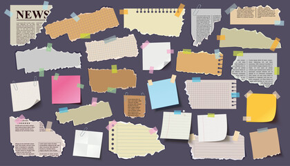 Collection of different color sheets of note papers scrap magazines and newspaper with curled corner, ready for your message. Stickers attached tape and metal paper clip. Realistic vector illustration