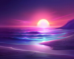 Futuristic beach, neon accents, detailed tech design, high resolution.
