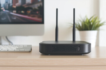 Wi-Fi router modem with antennas on a desk next to a TV screen and keyboard. Home network connection, black wireless equipment. Photo