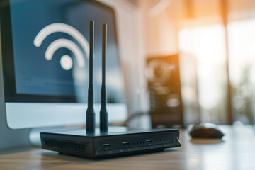 Closeup of Wi-Fi internet network connection router modem hardware on a table near a computer monitor display. Home hotspot access, black equipment with antenna. Photo