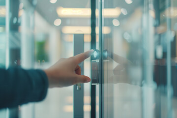 Rearview of worker opening or unlocking the security door with modern smart fingerprint password key technology. Biometric identity control. Photo