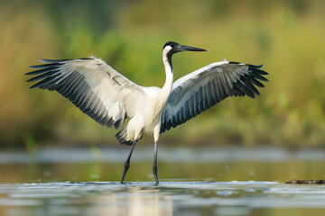 Fototapeta premium Elegant stork or heron bird with white and black plumage, poised in a calm pond or swamp water. Highlighting its large wings and distinctive beak, this image showcases the natural