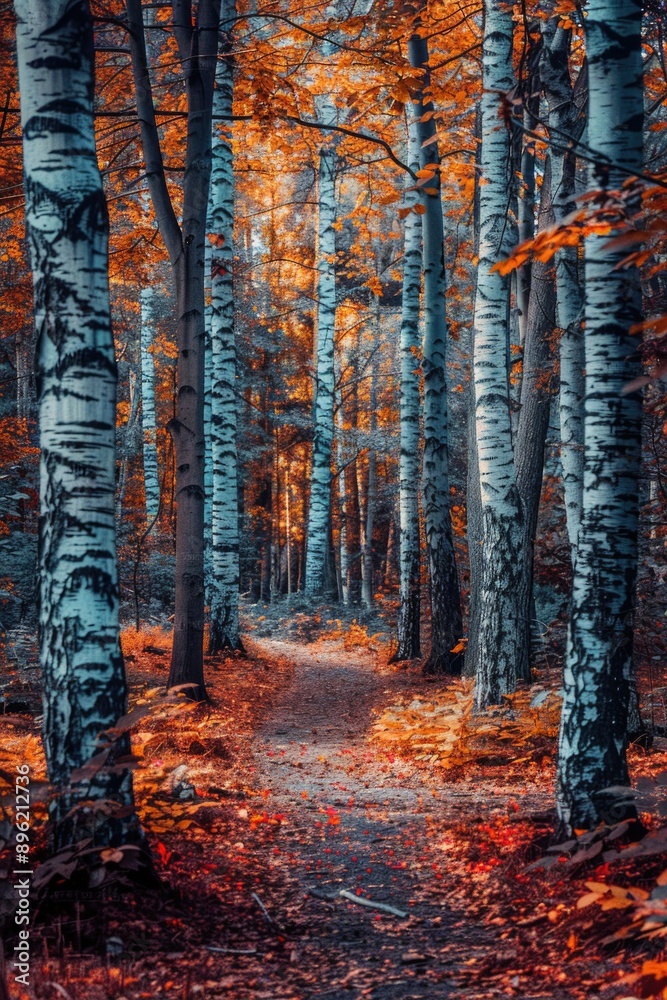 Poster a scenic path winding through a forest covered in fallen leaves