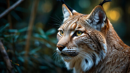 Obraz premium A majestic Lynx, its sleek fur a symphony of silver and gold, prowls through a moonlit forest with silent grace. 