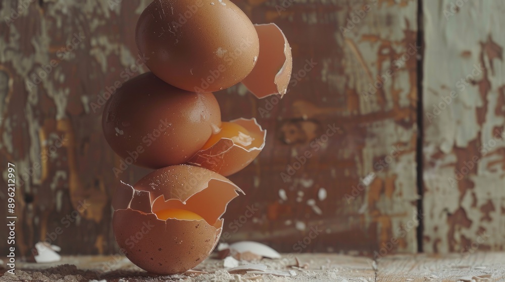 Poster Eggs arranged on a wooden surface, suitable for use in food or design-related concepts