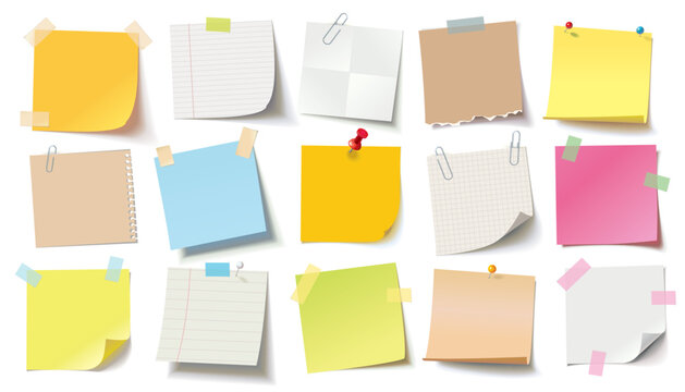 Colored stickers attached tape, red pushpin and metal paper clip. Collection of different color sheets of note papers with curled corner, ready for your message. Realistic vector illustration. Big set