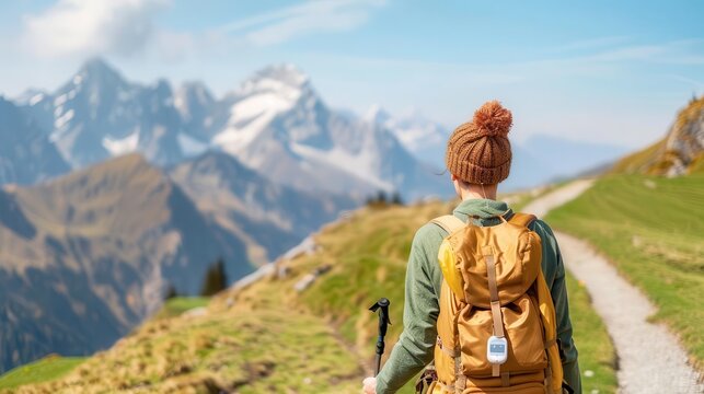 Woman wearing a continuous glucose monitor while hiking, scenic mountain trail, glucose monitoring, adventure and health