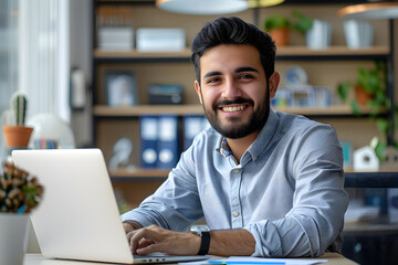 Man with a beard in his 30s wearing a white shirt in the office, working in the modern office, looking in the camera