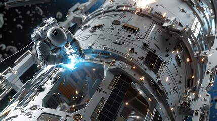 A space construction robot welding together metal panels to form the hull of a new spacecraft, floating in microgravity.