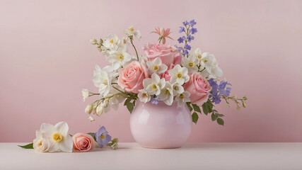 Naklejka premium Delicate floral arrangement featuring pink roses and white daffodils, elegantly framing a soft pink background. Ideal for showcasing beauty and elegance in high-quality product photography.