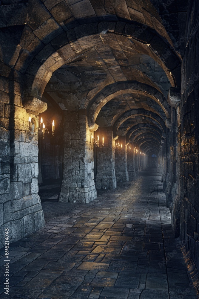 Poster A dimly lit tunnel in a stone building with walls and ceiling made of stone