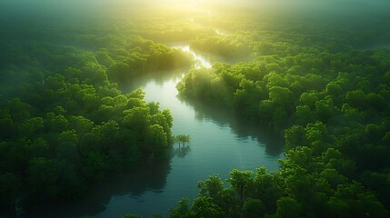 A hyper-realistic photograph of An aerial view of a lush, green forest with a meandering river cutting through it, showcasing the rich textures and patterns of the natural landscape, 8K resolution, 