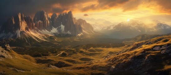 Fototapeta premium Panorama of high mountain peaks in the Mountains at sunset