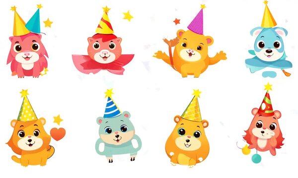 Download a fun collection of vector cartoon animals in party hats, perfect for festive illustrations, birthday cards, and seamless holiday patterns 4K Video
