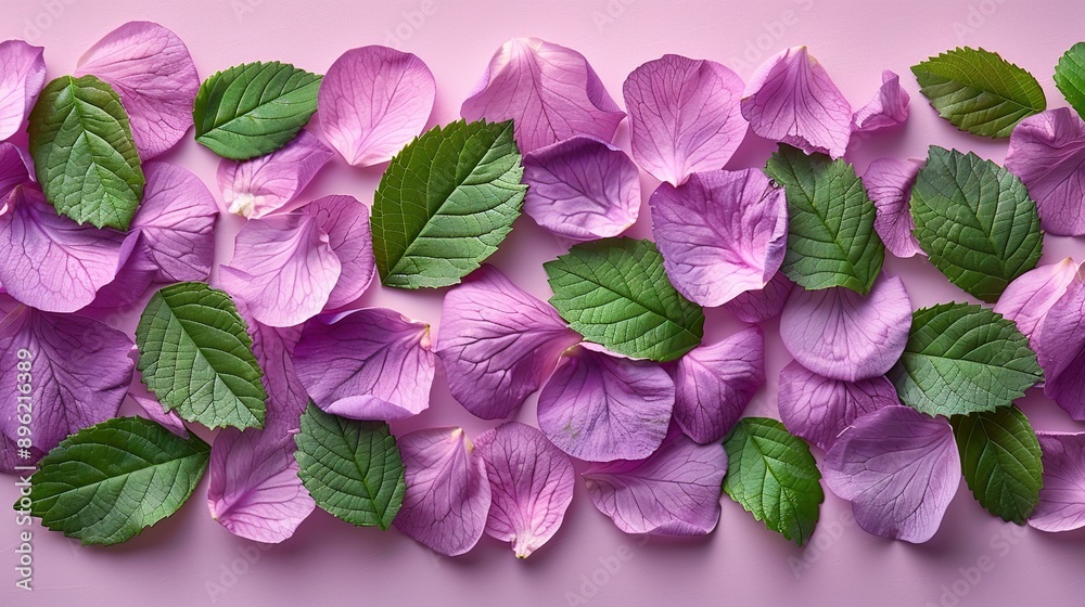 Wall mural pink petals and green leaves on pink background