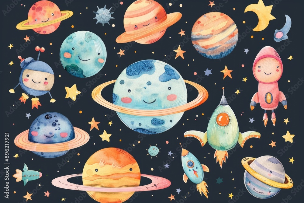 Poster planetary system with colorful stars and planets in watercolor style