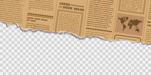 Obraz premium A newspaper with a tattered edge. Torn a half sheet of old paper from the bottom. Isolated background. Template for your design. Ready for your message. Vector illustration. Front view. Banner
