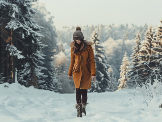 Model in a warm winter outfit walking through a snowy landscape