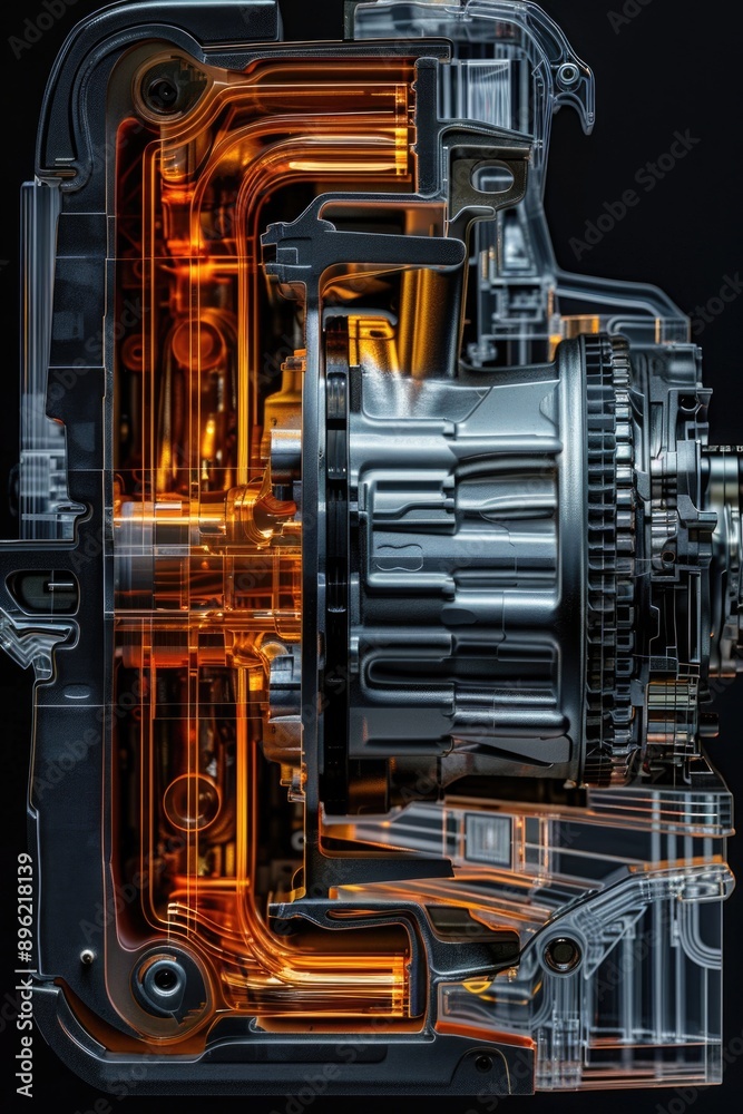 Poster A close-up view of a machine with an orange light, suitable for use in industrial or technological contexts