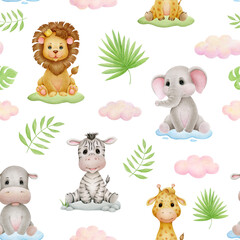 Obraz premium Safari animals watercolor seamless pattern with baby elephant, lion, zebra, giraffe, hippopotamus and tropical jungle foliage