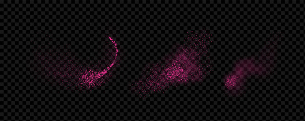 Pink powder dust with glittering shimmering swirls, shiny glitter design. Magical motion, sparkling lines on a black background.