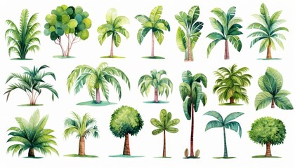 Obraz premium watercolor style illustration of summer tropical tree collection set, cartoon illustration isolated on white background,