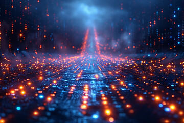 A binary background with dark blue and touches of neon highlights creating a technological and futuristic aesthetic