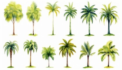 watercolor style illustration of tropical palm tree, collection set isolated on white background