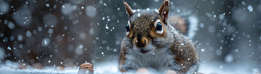 A cute squirrel foraging for nuts in a snowy landscape, surrounded by falling snowflakes, showcasing winter wildlife in nature.