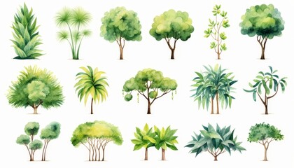 watercolor style illustration of summer tropical tree collection set, cartoon illustration isolated on white background,