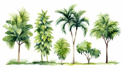 Fototapeta premium watercolor style illustration of summer tropical tree collection set, cartoon illustration isolated on white background,