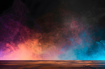Obraz premium empty wooden table with colorful smoke float up on dark background