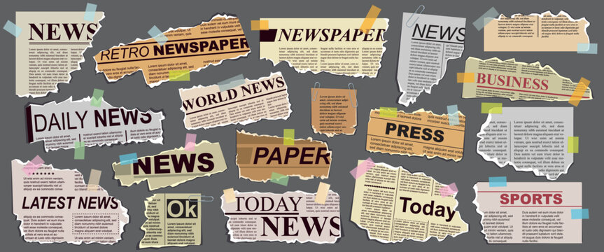 Scraps of old newspaper headlines taped to the board with tape and paper clips. Newsprint with torn edges. Isolated background. Scrapbook. Vector illustration. Front view. Close up. Big banner. Set