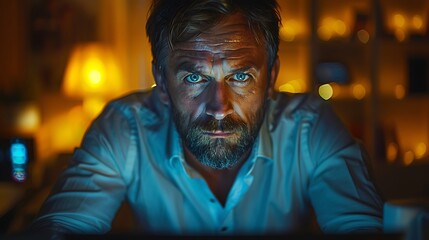 Fototapeta premium A realistic photograph, 8K resolution, shot on professional DSLR camera, tack-sharp focus, exquisite detail, high dynamic range of A focused office worker typing on a laptop late into the night, 