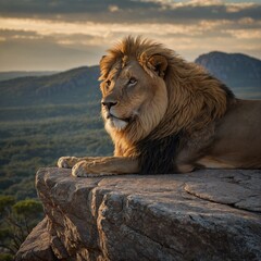 A regal lion surveying its territory from atop a rocky outcrop.