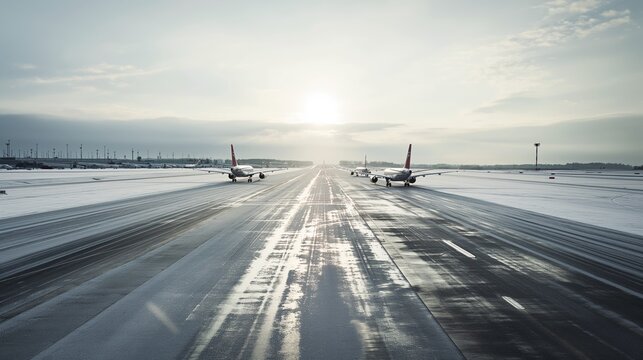 Two airplanes are ready to take off from the snowy runway at the airport, while the sun shines on the clear sky, creating a picturesque winter scene.