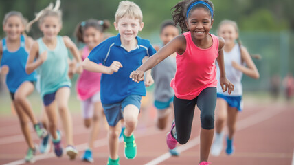 Obraz premium Children joyfully race on a track, with one girl in a pink top leading the group. The vibrant scene captures their excitement and energy as they compete outdoors
