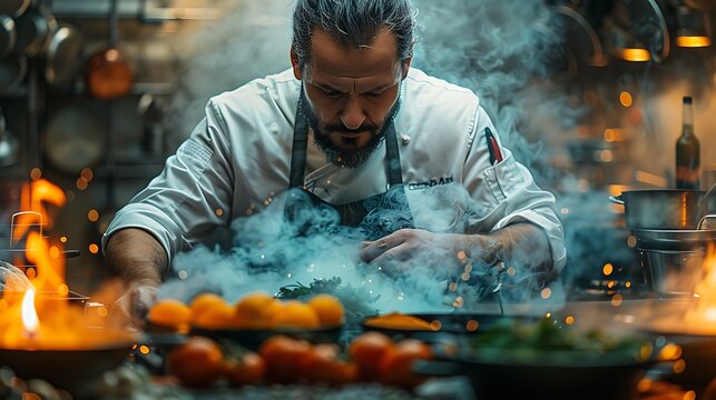 A realistic photograph, 8K resolution, shot on professional DSLR camera, tack-sharp focus, exquisite detail, high dynamic range of A meticulous chef preparing ingredients in a bustling kitchen, 