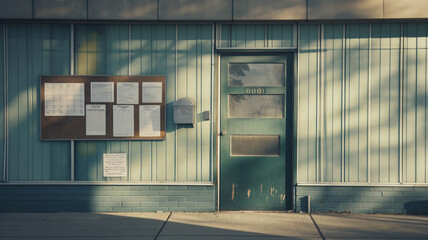 Old green door with weathered paint, bulletin board displaying papers and notices, and mailbox on a light blue paneled wall under soft sunlight. Exterior of a vintage community building
