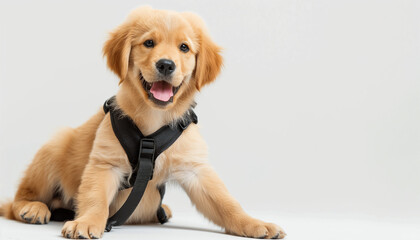 Filhote de Golden Retriever Feliz com Colete Guia em Fundo Branco com Luz Natural, IA Generativa