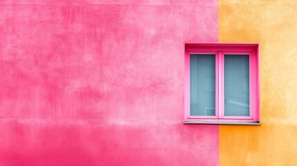 On the freshly painted wall of a house there is a single closed window. Illustration for cover, card, postcard, interior design, banner, poster, brochure or presentation.